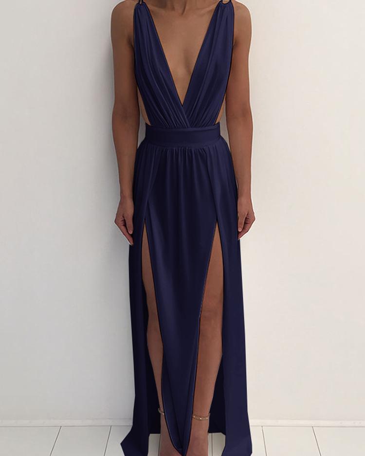 

Sexy Deep V Cross Back Double Slit Pleated Maxi Dress, Gray;purplish blue