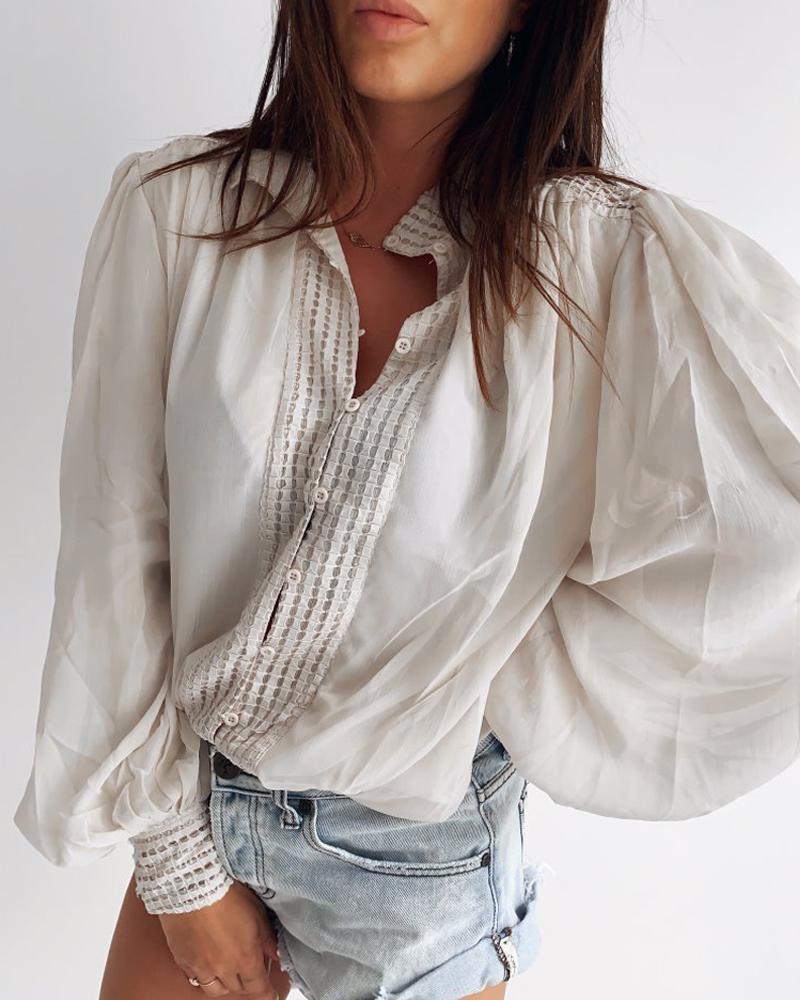 

Buttoned Lantern Sleeve Casual Blouse, White