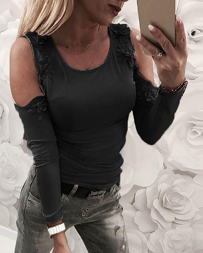 

Cold Shoulder Lace Applique T-Shirt, Black