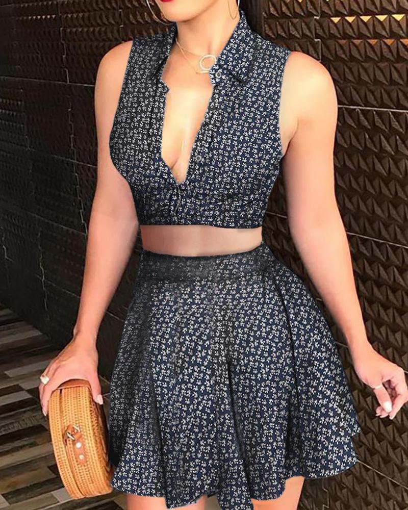 

Floral Print Deep-V Top & Skirt Set, Dark blue