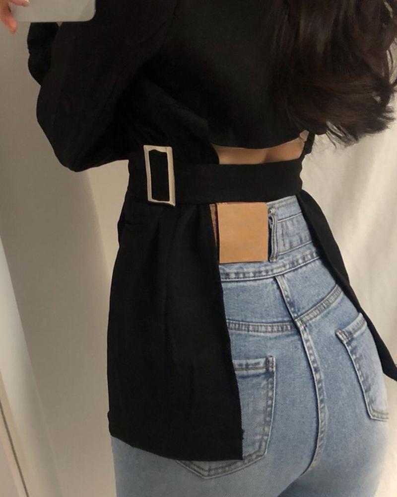 

Solid Button Design Backless Blazer Coat, Black