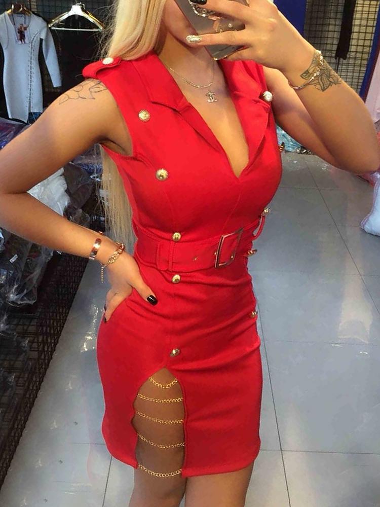

Chain Detail Double-Breasted Blazer Dress, Red
