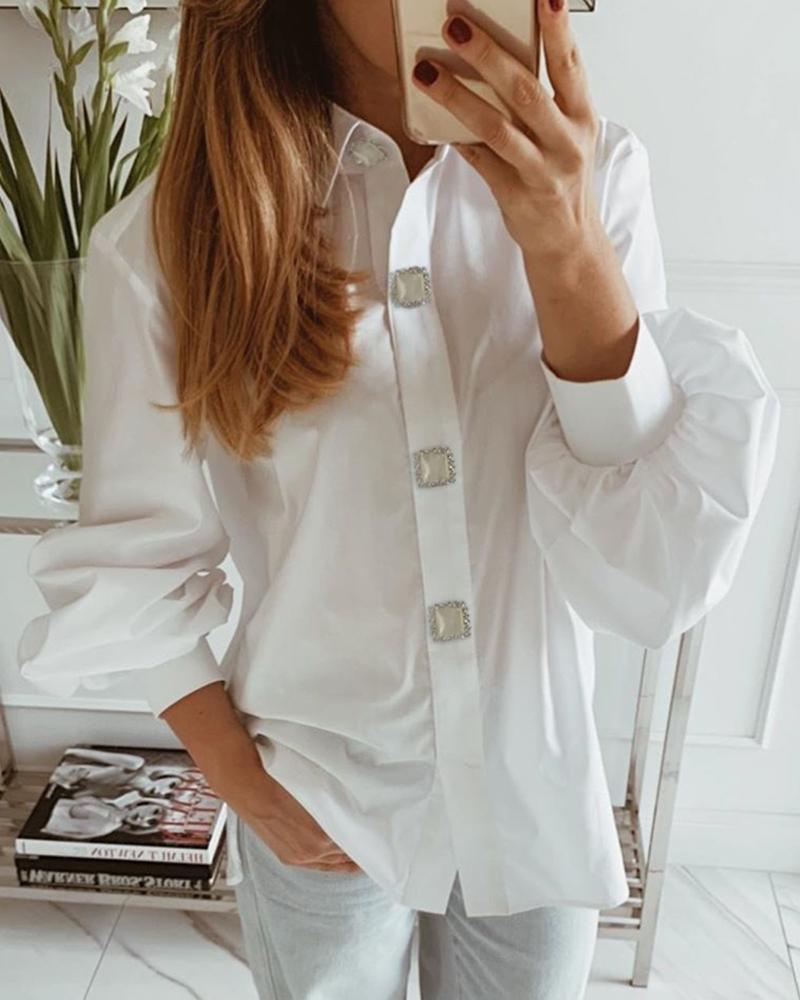 

Solid Lantern Sleeve Casual Shirt, White