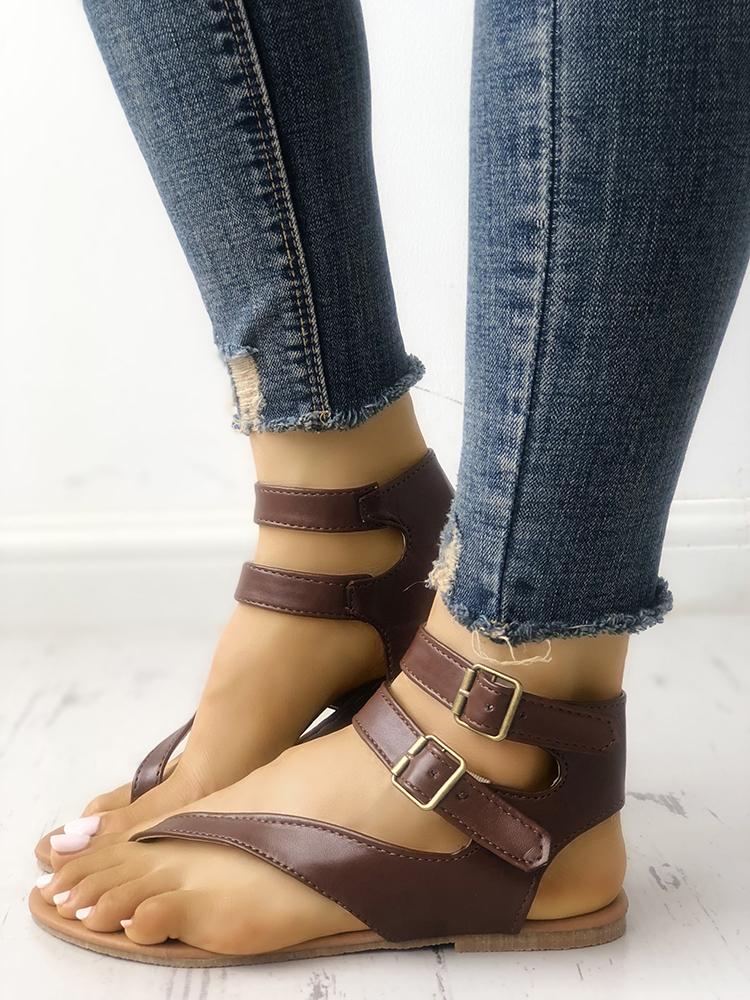 

Toe Post Buckle Flat Sandals, Brown