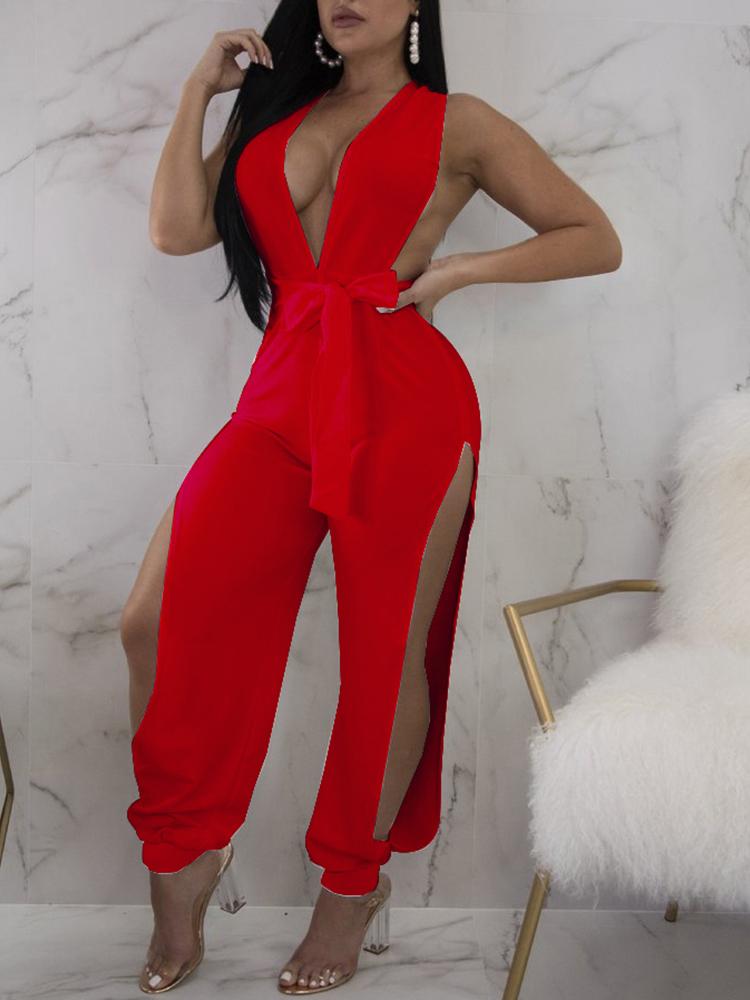 

Halter Deep V Tied Waist Slit Side Jumpsuit