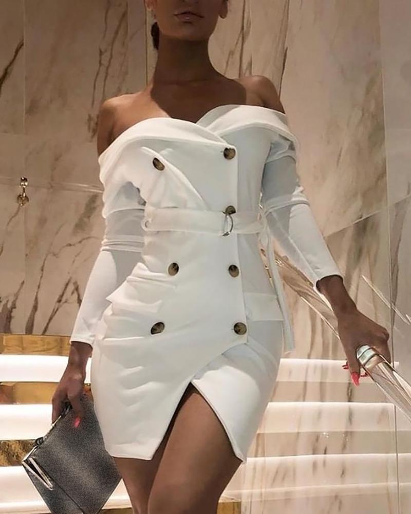

Solid Double Breasted Slit Blazer Dress, White
