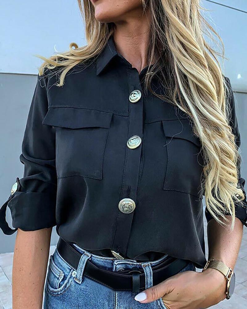 

Long Sleeve Buttoned Design Shirt, Black