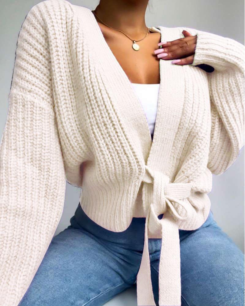 

Plain Tie Detail Long Sleeve Knit Sweater, White