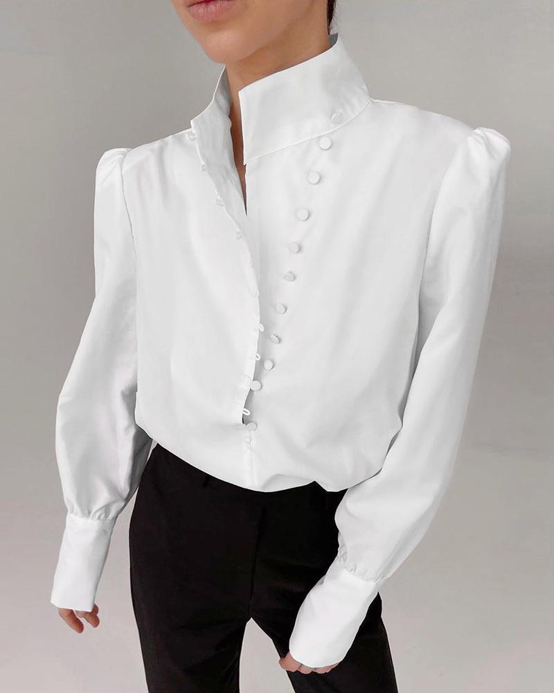 

Plain Puff Sleeve Button Design Shirt, White