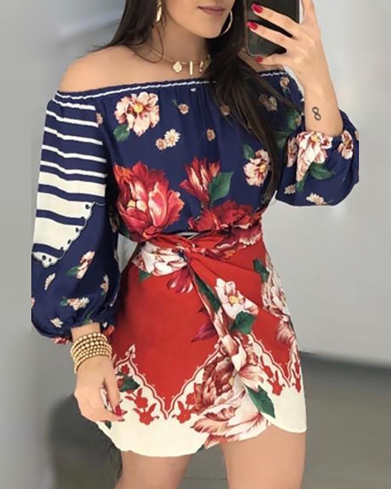 

Floral Lantern Sleeve Tied Waist Off Shoulder Dress, Red