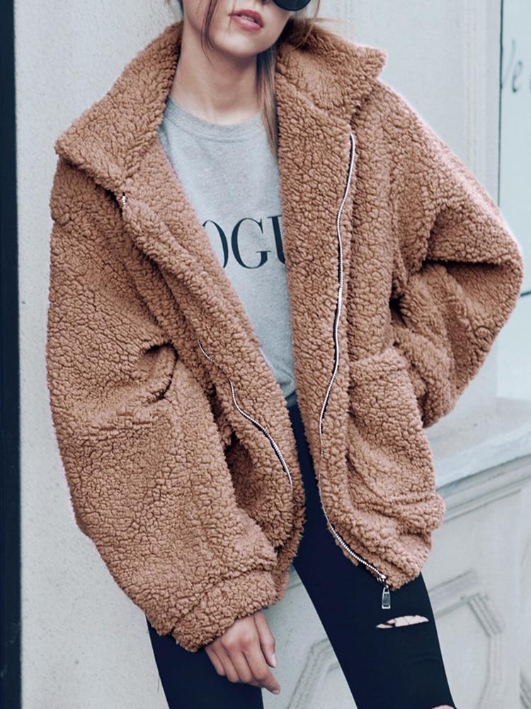 

Fluffy Zipper Up Pocket Design Oversized Coat, Brown