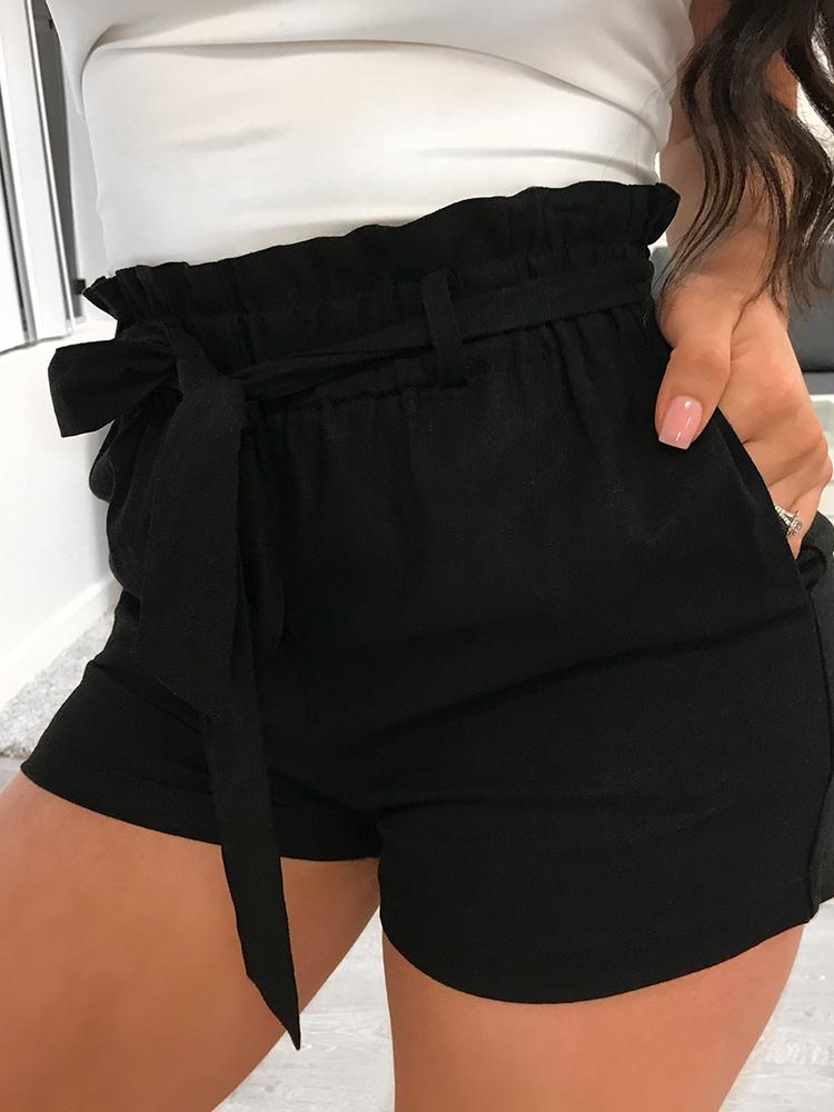 

Solid Frill Waist High Waist Shorts, Black