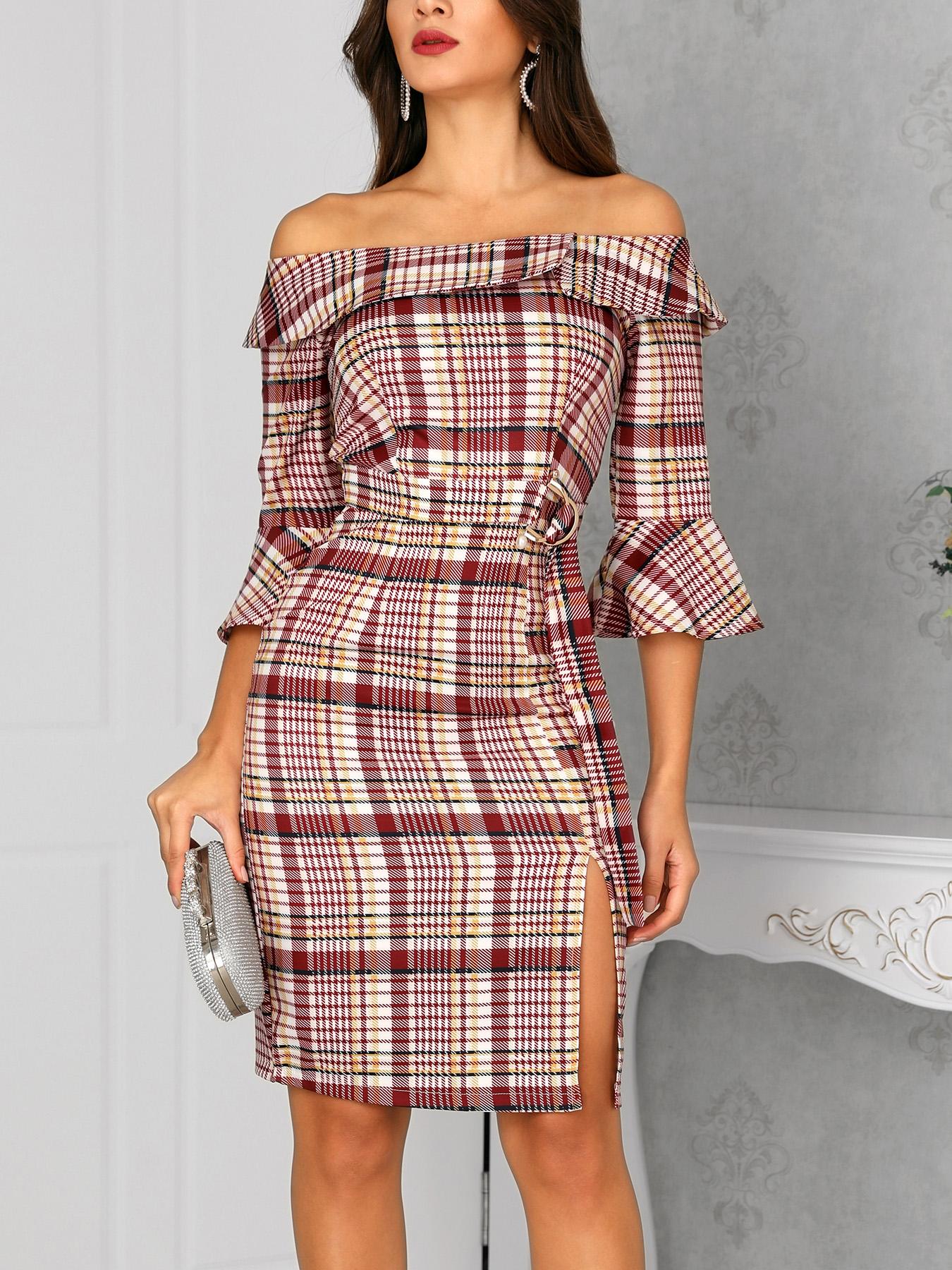 

Off Shoulder Plaid Ruffles Design Dress, Red