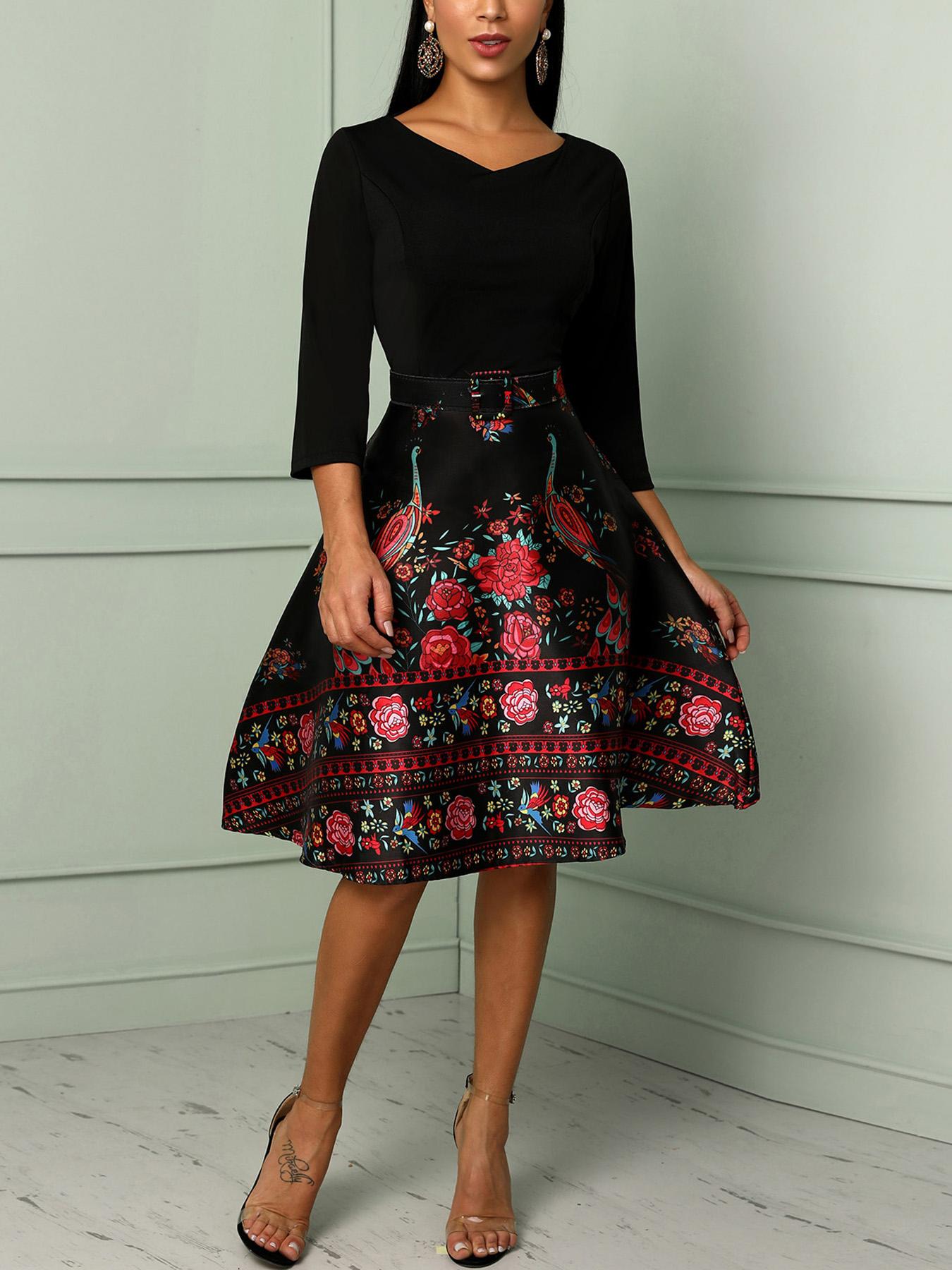 

Floral Print Splicing Belted Swing Dress, Black