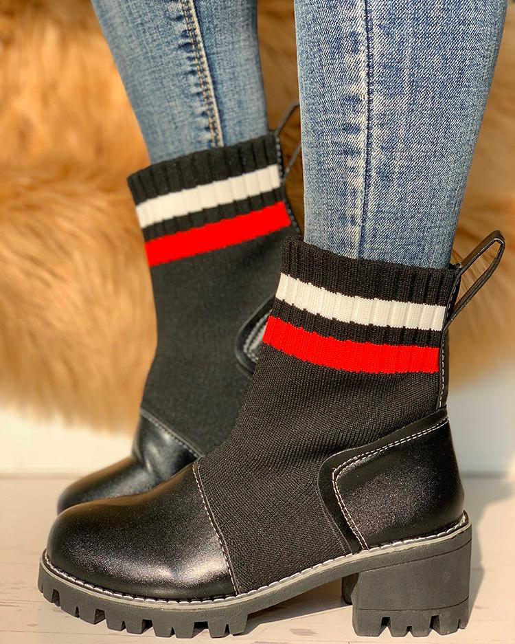 

Stripes Non-Slip Chunky Heeled Boots, Red