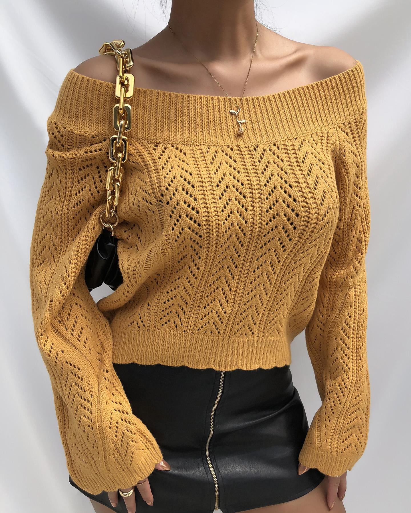 

Plain Hollow Out Long Sleeve Knit Sweater, Yellow