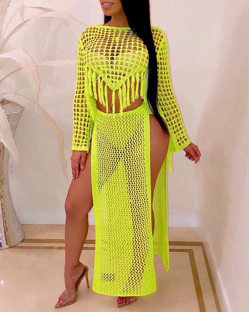 

Hollow Out Tassel Top & Slit Skirt Set, Yellow