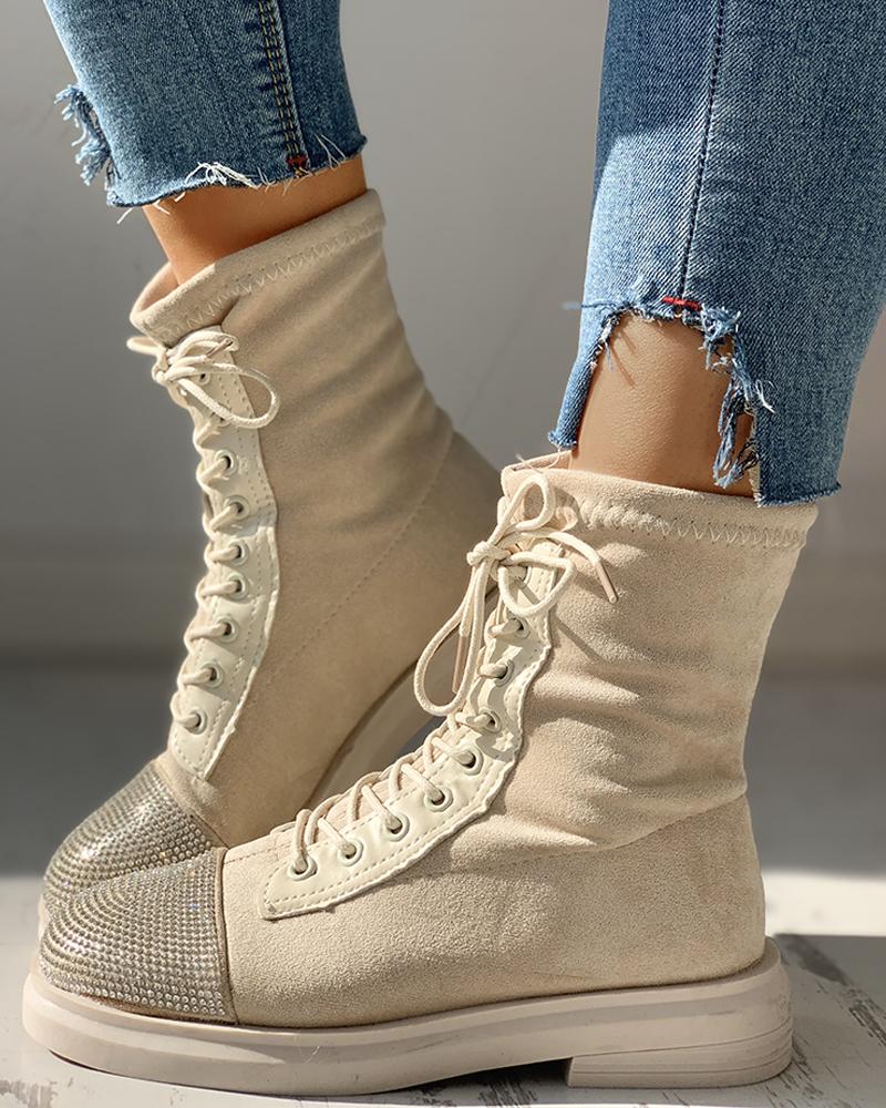 

Suede Studded Eyelet Lace-Up Flat Boots, Beige