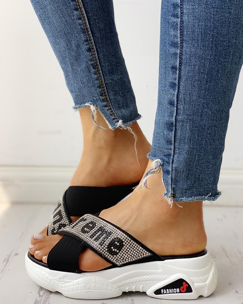 

Glitter Studded Letter Pattern Muffin Sandals, Black
