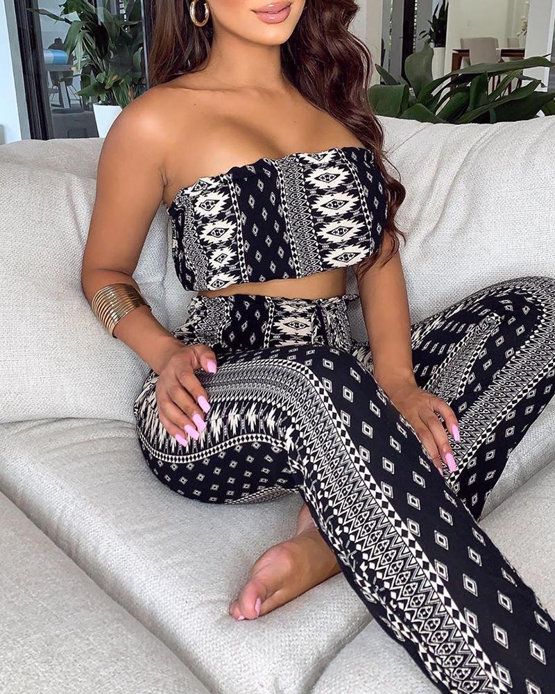 

Retro Print Bnadeau Top & High Waist Pants Set, Black