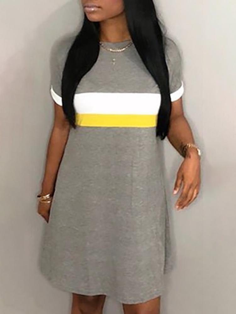 

Contrast Striped Casual Dress, Gray