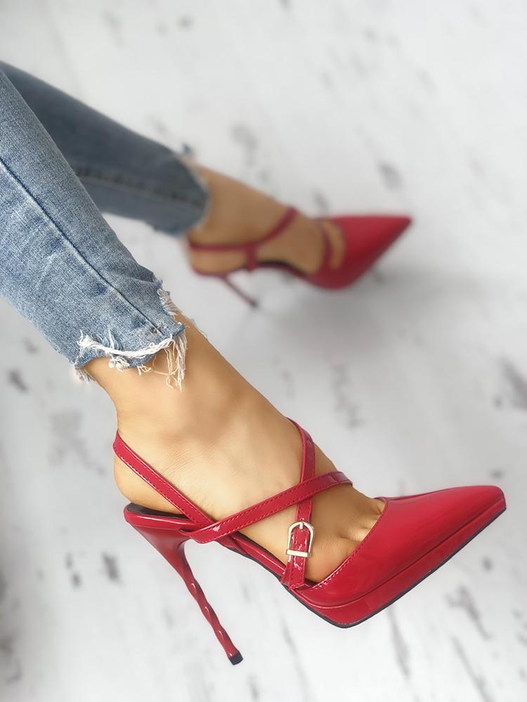 

Crisscross Buckled Pointed Toe Thin Heeled Sandals, Red