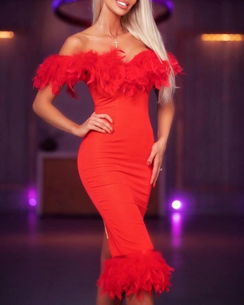 

Solid Off Shoulder Feather Insert Bodycon Dress, Red