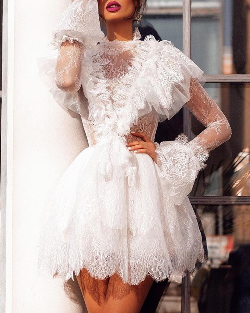 

Semi Sheer Long Sleeve Lace Dress, White