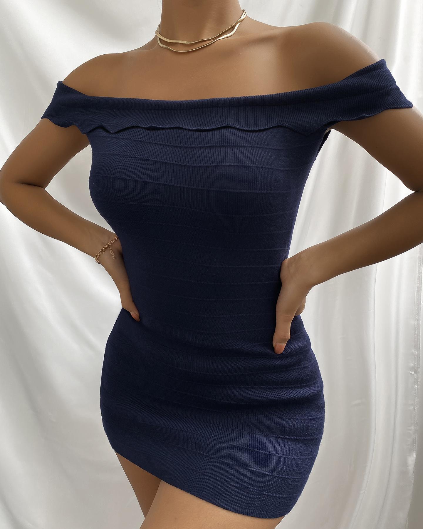 

Off Shoulder Ribbed Plain Bodycon Dress, Black