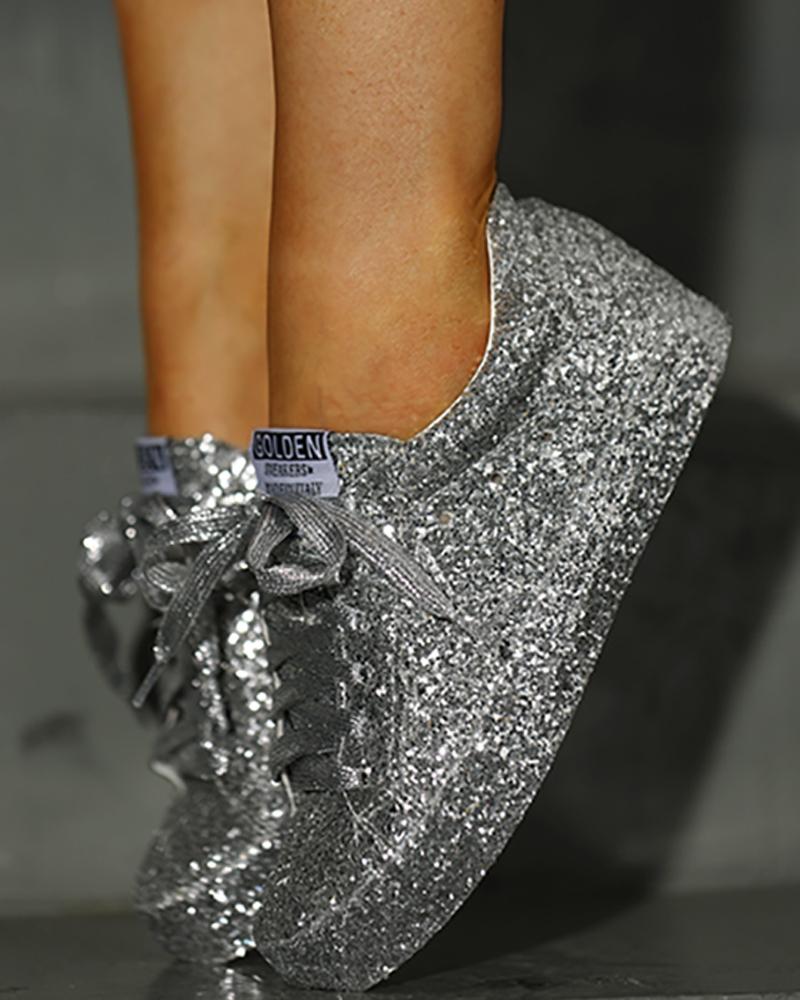 

Glitter Eyelet Lace-Up Casual Sneakers, Silver
