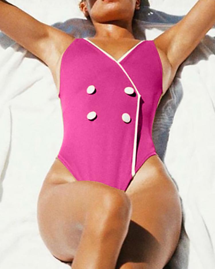 

Double-Breasted Binding One-Piece Swimsuit, Hot pink