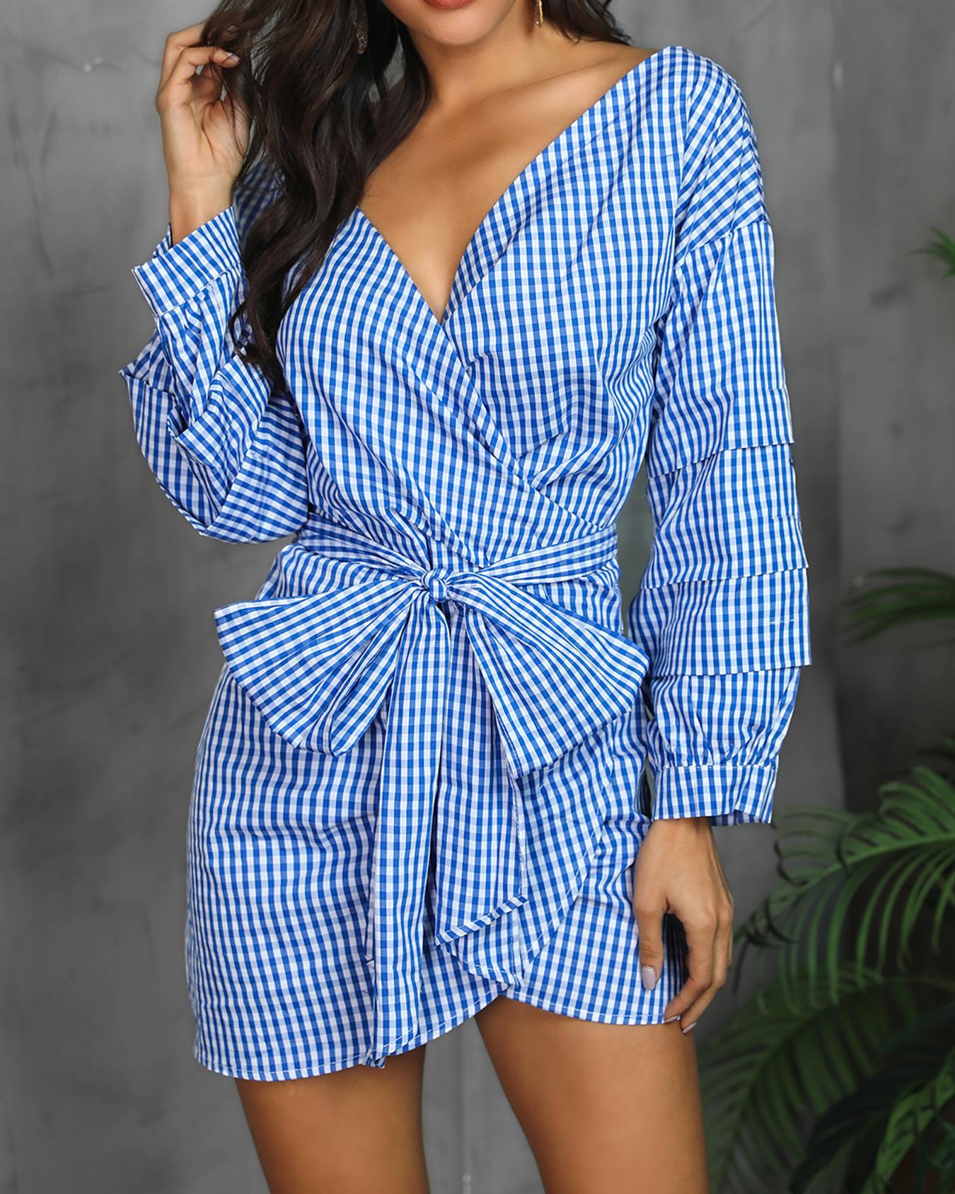 

Gingham Print Bow Front Overlap Dress, Blue