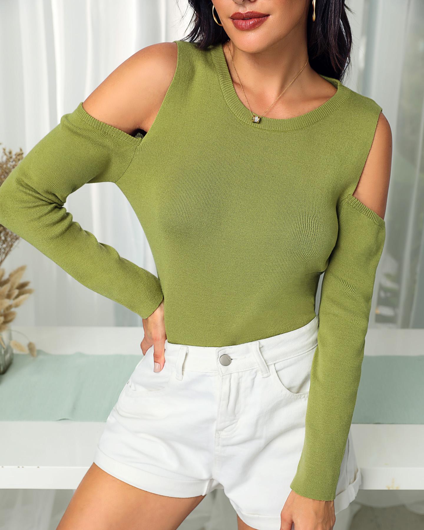 

Solid Cold Shoulder Long Sleeve Blouse, Green