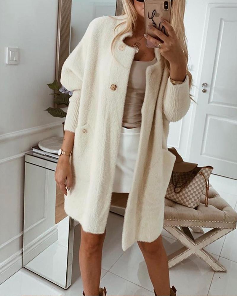 

White Fluffy Long Sleeve Coat, Beige