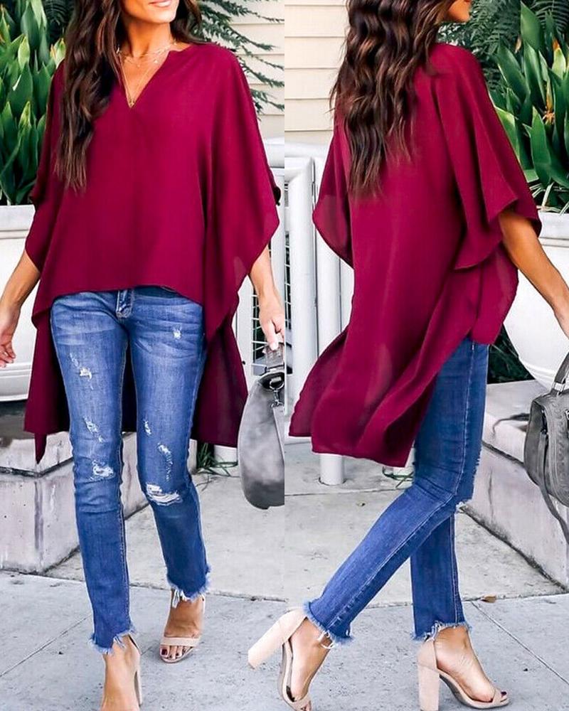

Short Sleeve V Neck Blouse, Wine red
