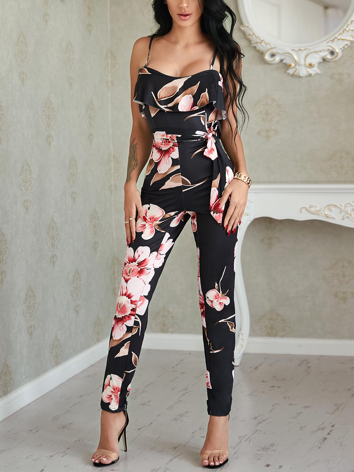 

Floral Print Strappy Ruffled Slinky Jumpsuit, Black