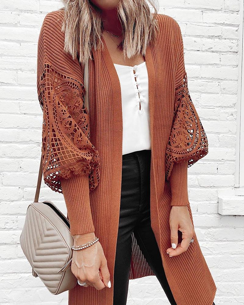 

Solid Cutwork Lace Sleeve Casual Cardigan, Dark brown