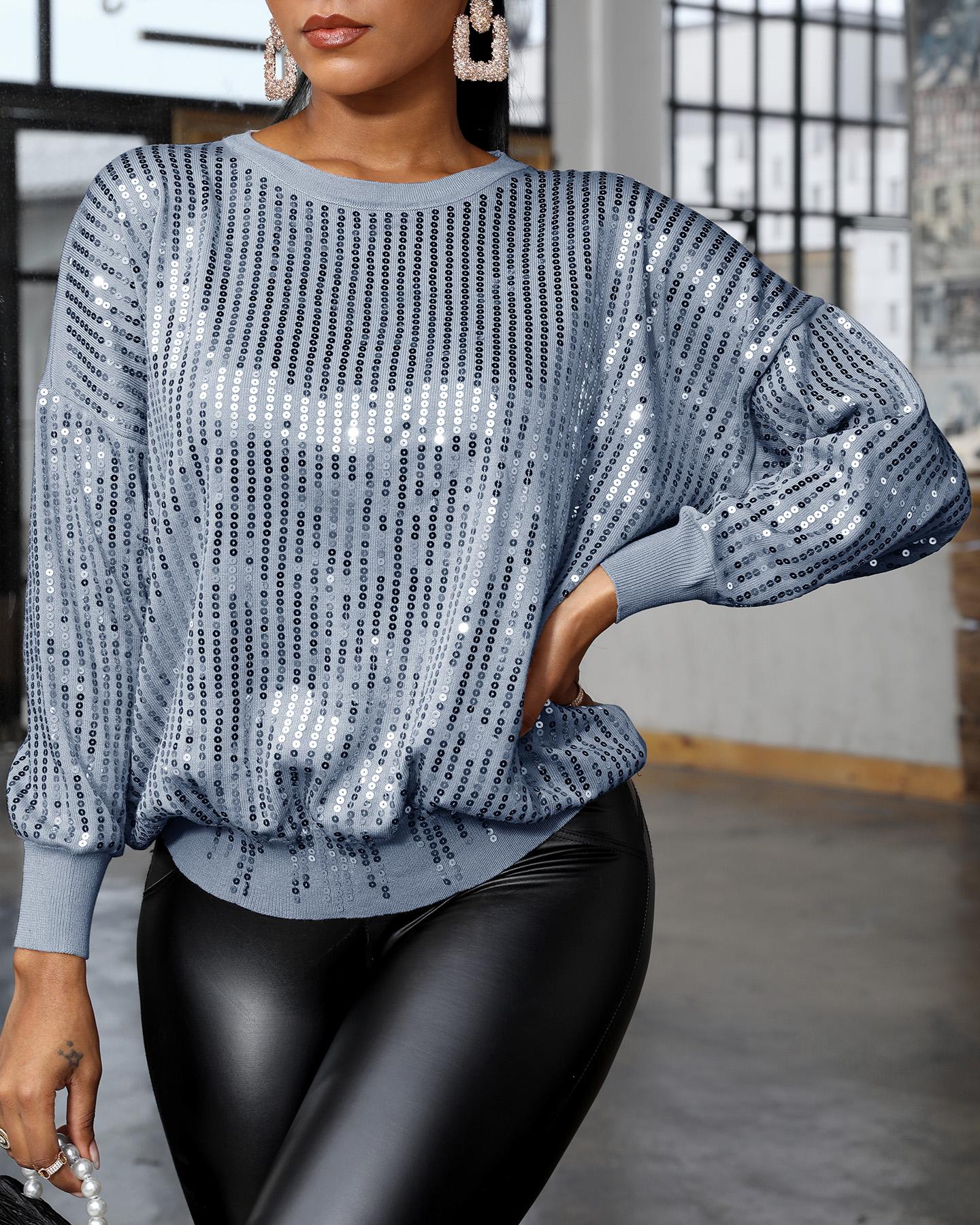 

Sequins Batwing Sleeve Casual Sweater, Gray