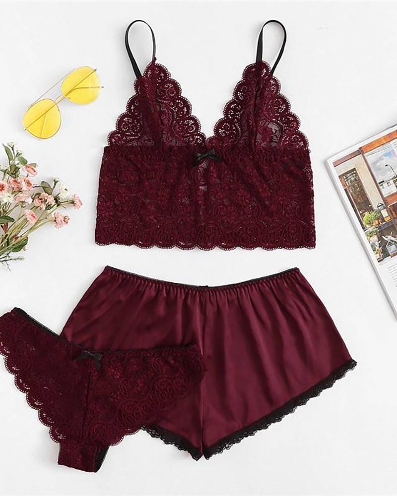 

3PCS Crochet Lace Bowknot Cami Set, Wine red
