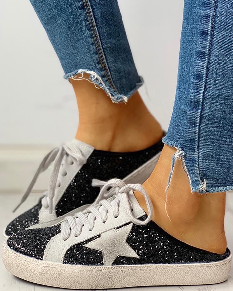 

Sequins Star Design Casual Lace-Up Sneakers, Black