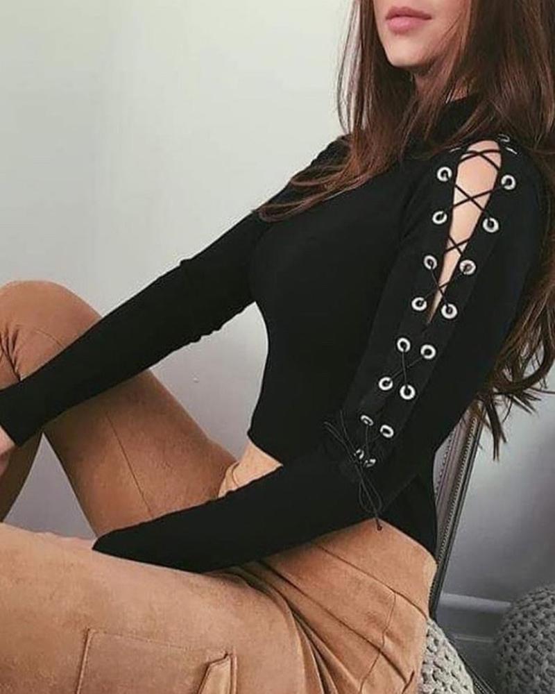 

Eyelet Lace-Up Long Sleeve Casual Blouse, Black