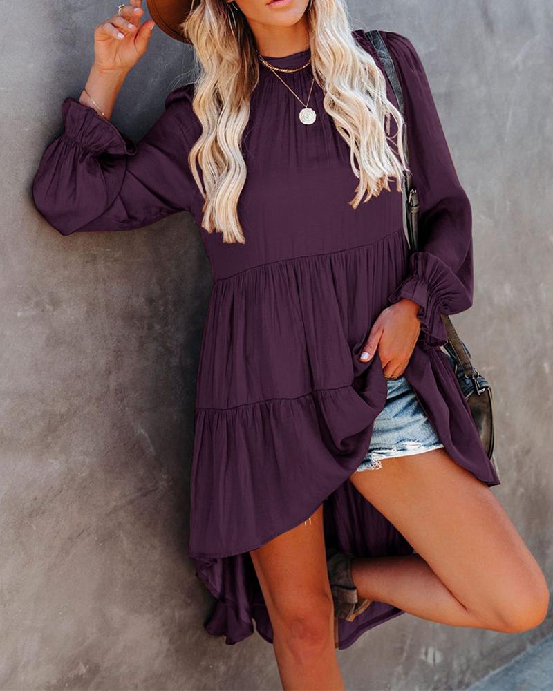 

Puffed Sleeve Tie Detail Ruffles Dip Hem Top, Purple