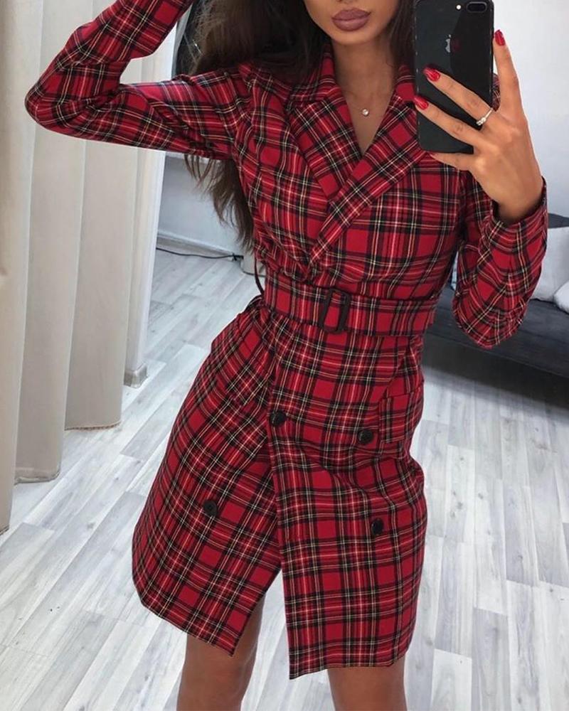 

Plaid Belted Mini Blazer Dress, Red