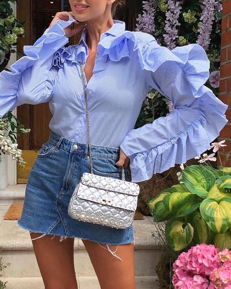 

Solid Ruffled Design Long Sleeve Shirt, Blue