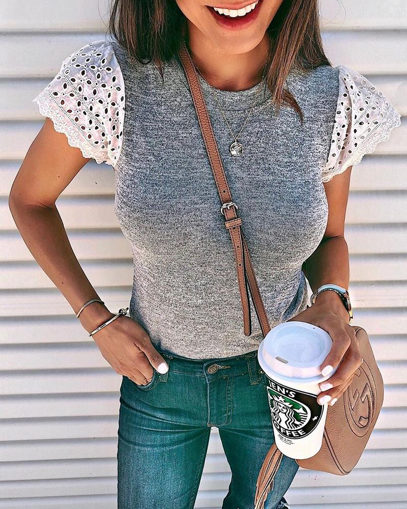

Hollow Out Trim Sleeve Top, Gray