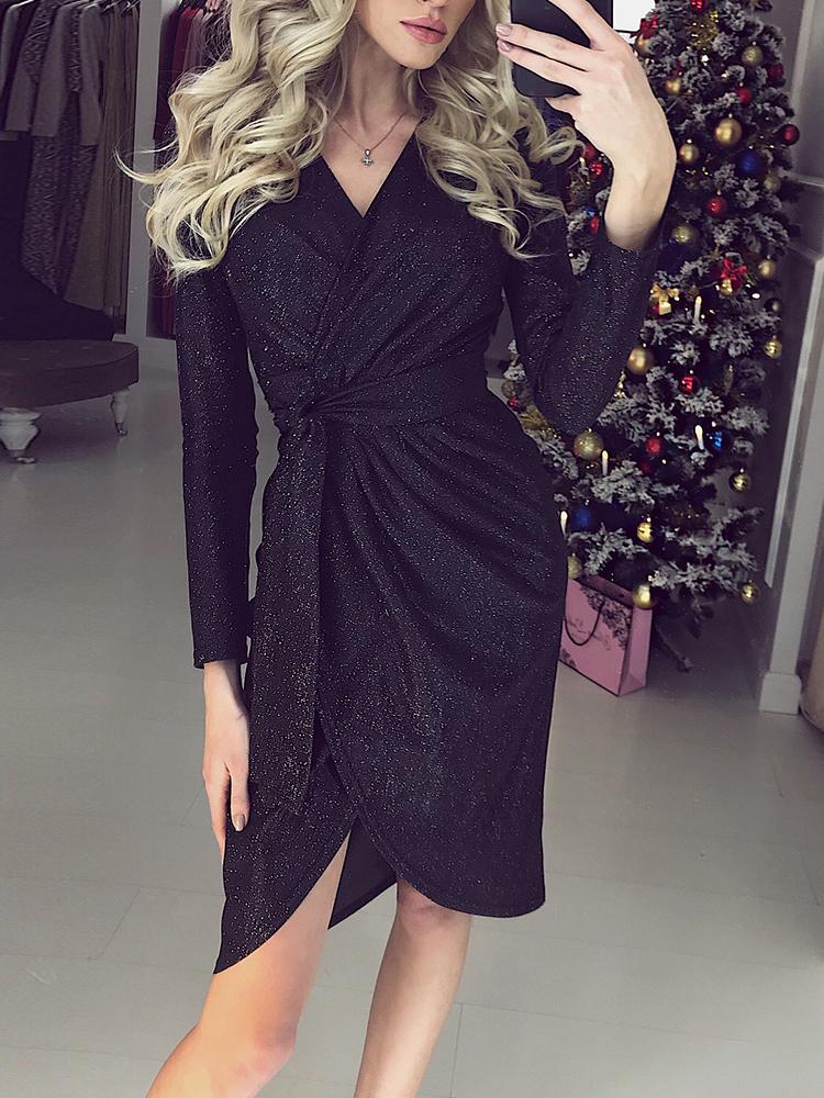 

Tulip Hem Wrap Belted Glitter Party Dress, Black