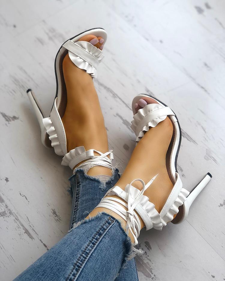 

Solid Lace-up Ruffles Peep Toe Stiletto Sandals, White