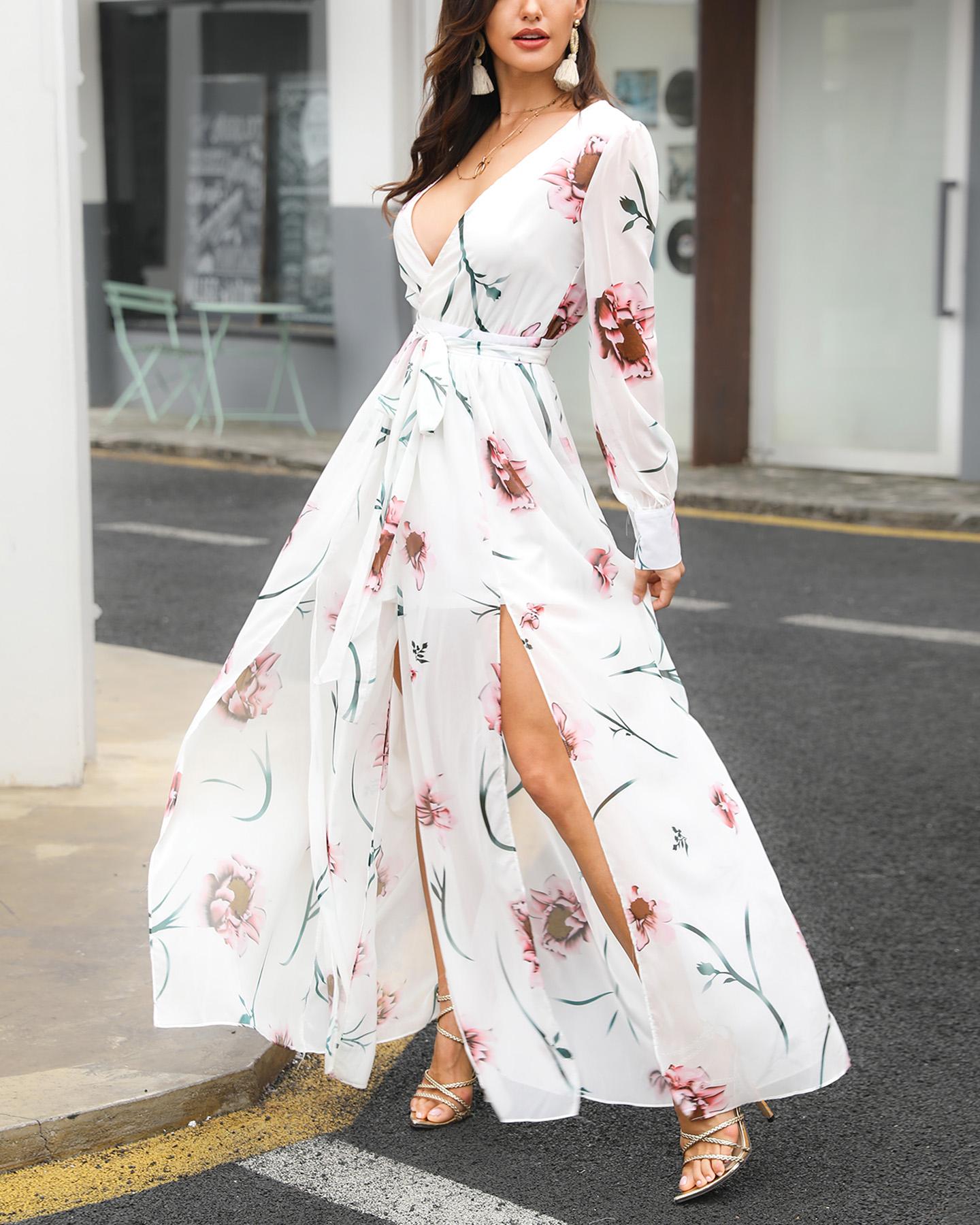 

Floral Print V-Neck Wrap Slit Maxi Dress, White