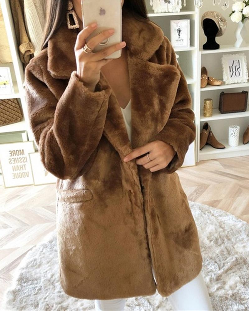 

Solid Faux Shearling Pocketed Coat, Brown