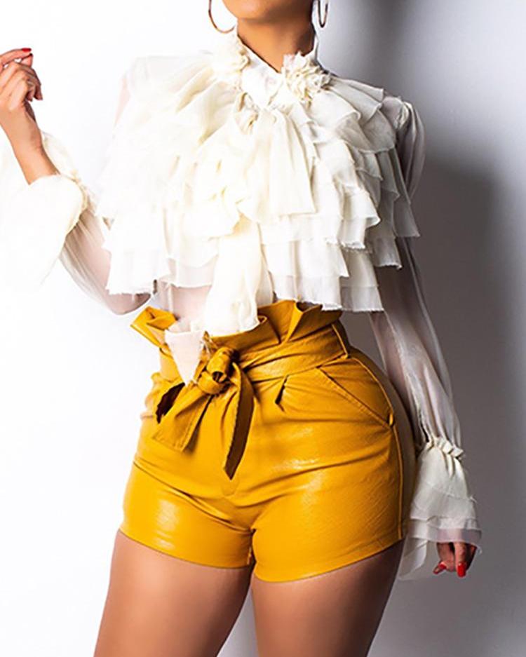 

Paperbag Waist Belted PU Shorts, Yellow